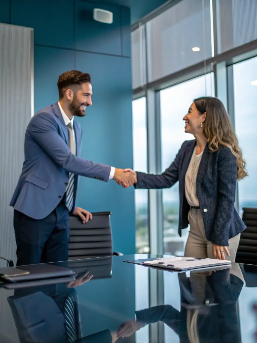 A satisfied client shaking hands with a LEMCELLI LLC representative, symbolizing successful partnerships and client satisfaction.