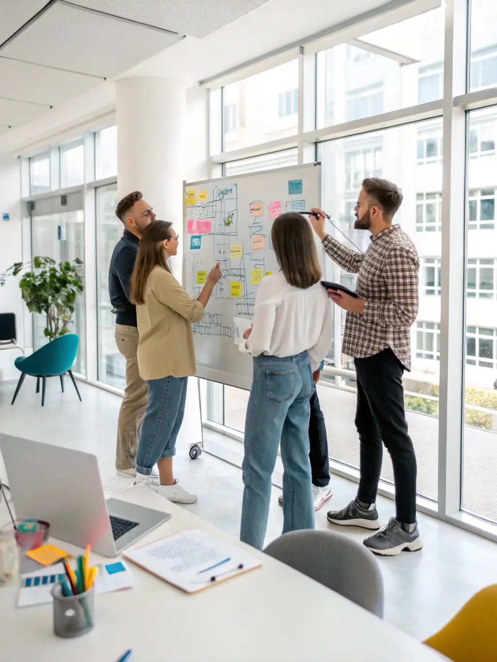 A professional photo of a team brainstorming social media strategies in a modern office setting, representing LEMCELLI LLC's social media management service.