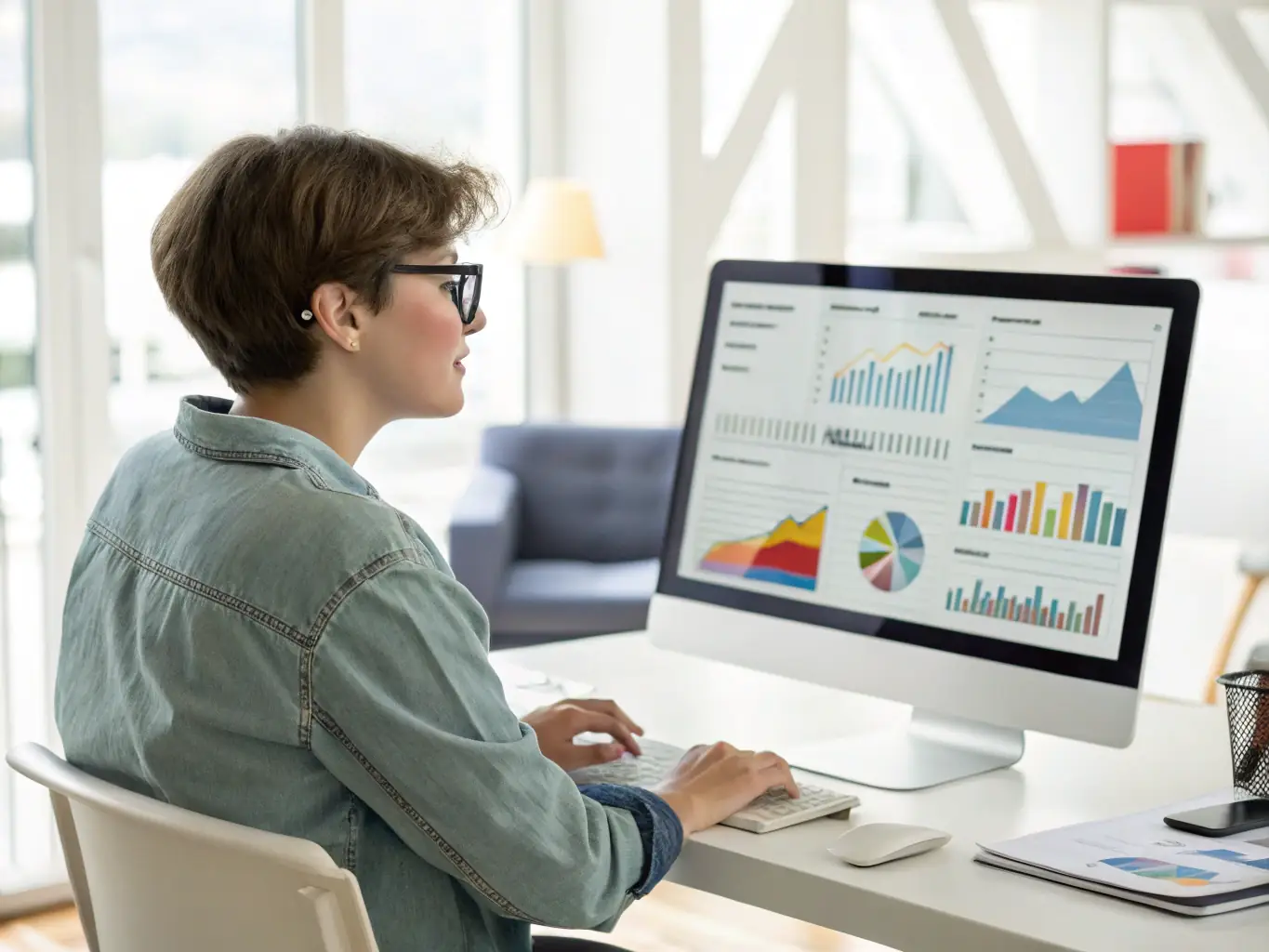An image showing a team analyzing social media analytics on a computer screen with various social media icons, representing LEMCELLI LLC's social media management service.